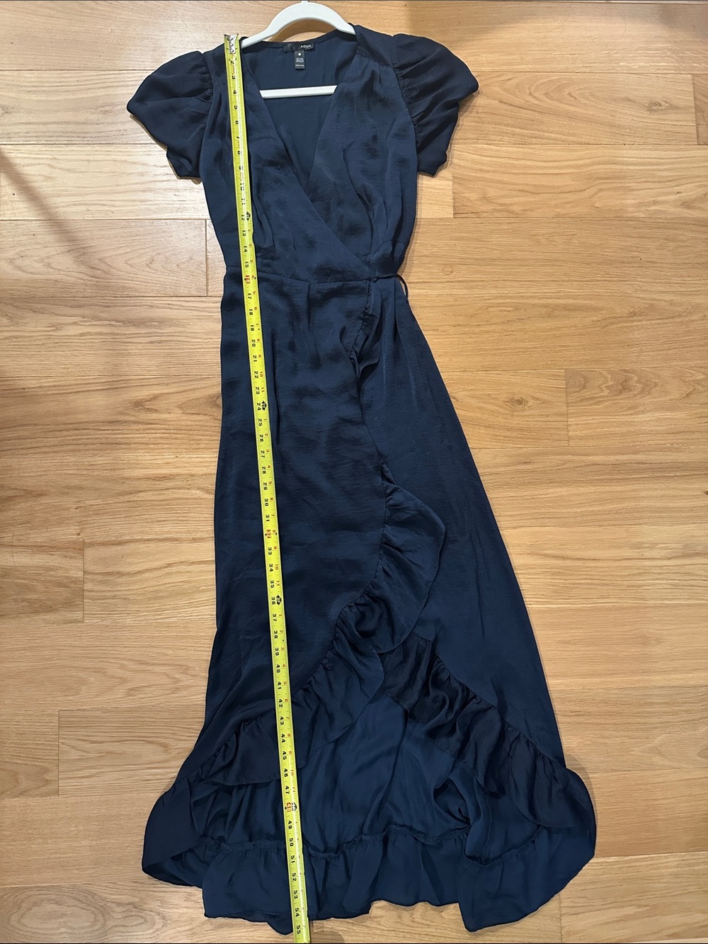 Aqua Navy Blue Ruffled Wrap Dress Maxi Puff Sleeve Size Small - Picture 8 of 8